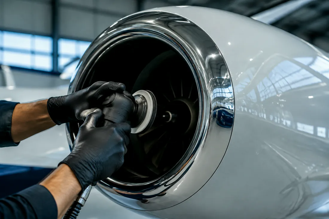 Technician polishing the mirror-finished engine inlet lip of a business jet