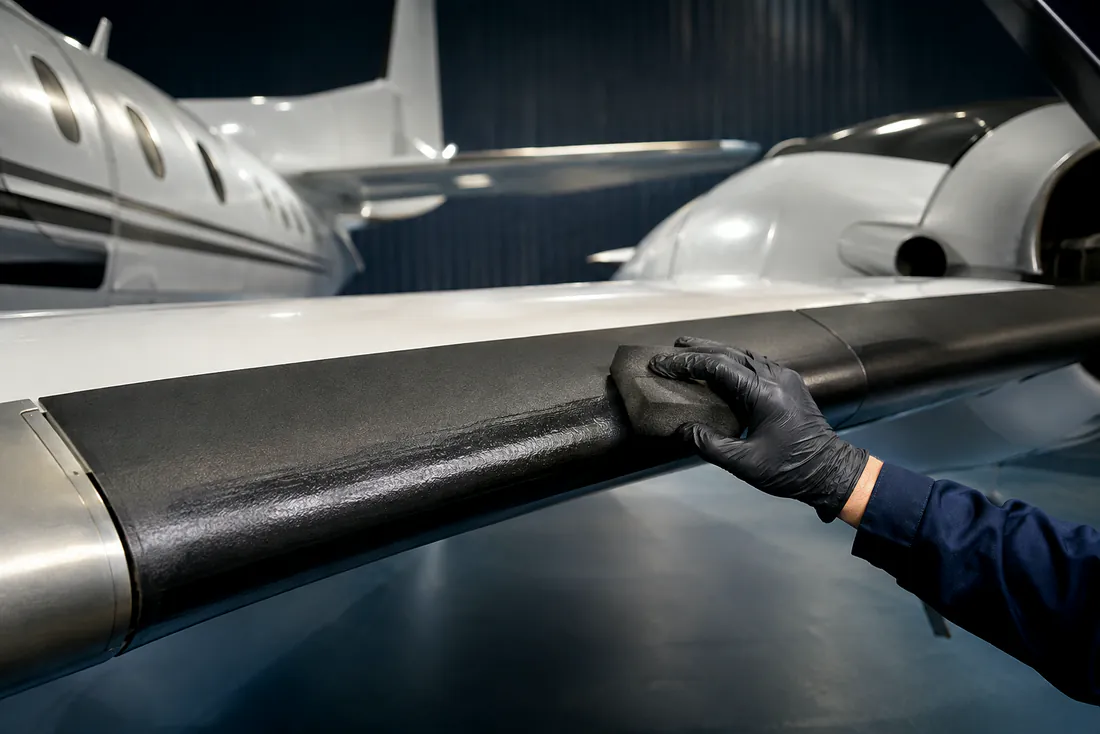Technician applying protective dressing to a turboprop wing de-ice boot