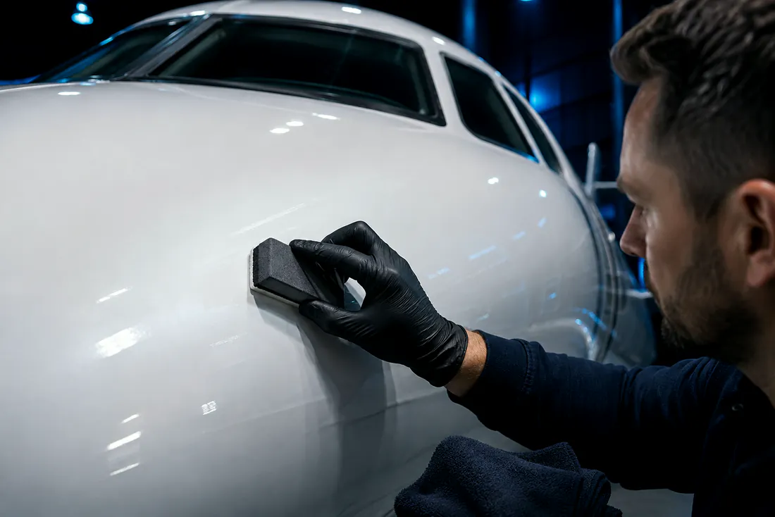 Technician applying ceramic protection to prepared business-jet fuselage paint